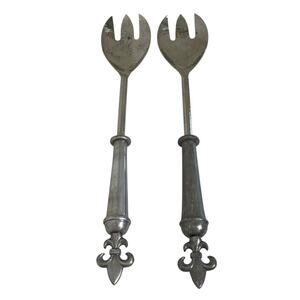 Ihi Brand Vtg Aluminum Salad Server Set Long Handled Fleur de Lis Silver Tone